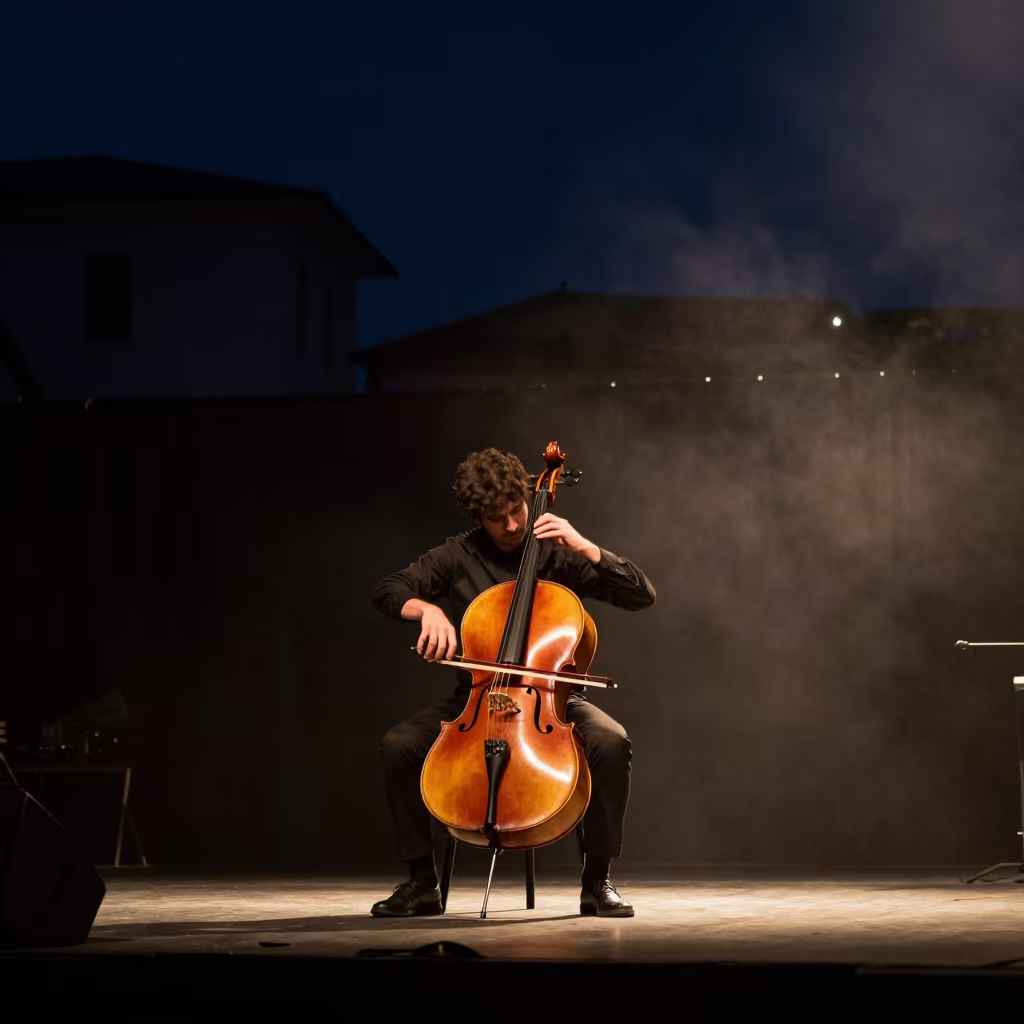 Cellist on Stage in İskenderun Under Tungsten Light in on a festival main stage in İskenderun