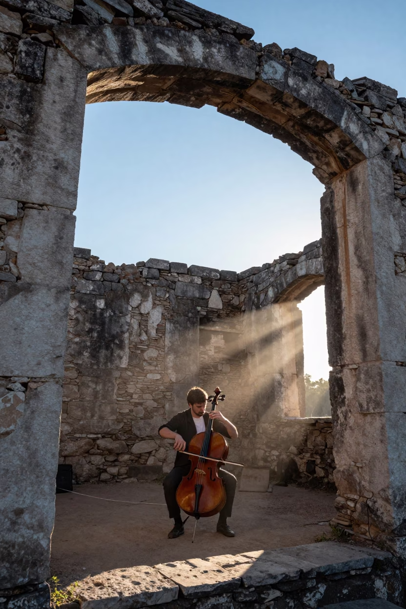 Cellist in Oklahoma Ruins at Dawn Light in among roofless stone chambers in Oklahoma