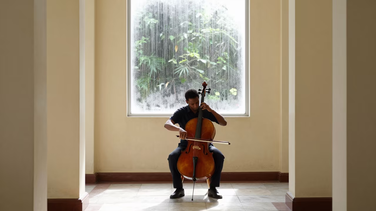 Cellist in Paramaribo Cloister Monsoon Light in inside a quiet cloister passage in Paramaribo