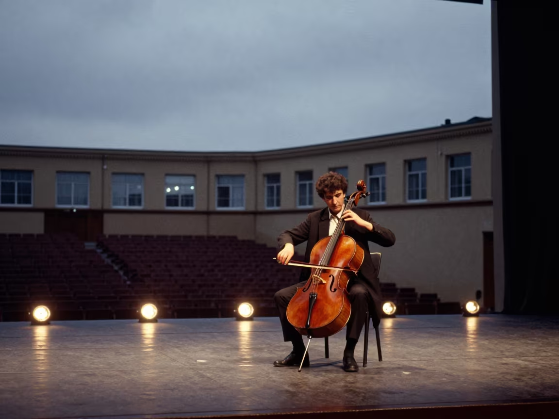 Cellist performing at dusk in Termez recital hall in on a theater stage in Termez