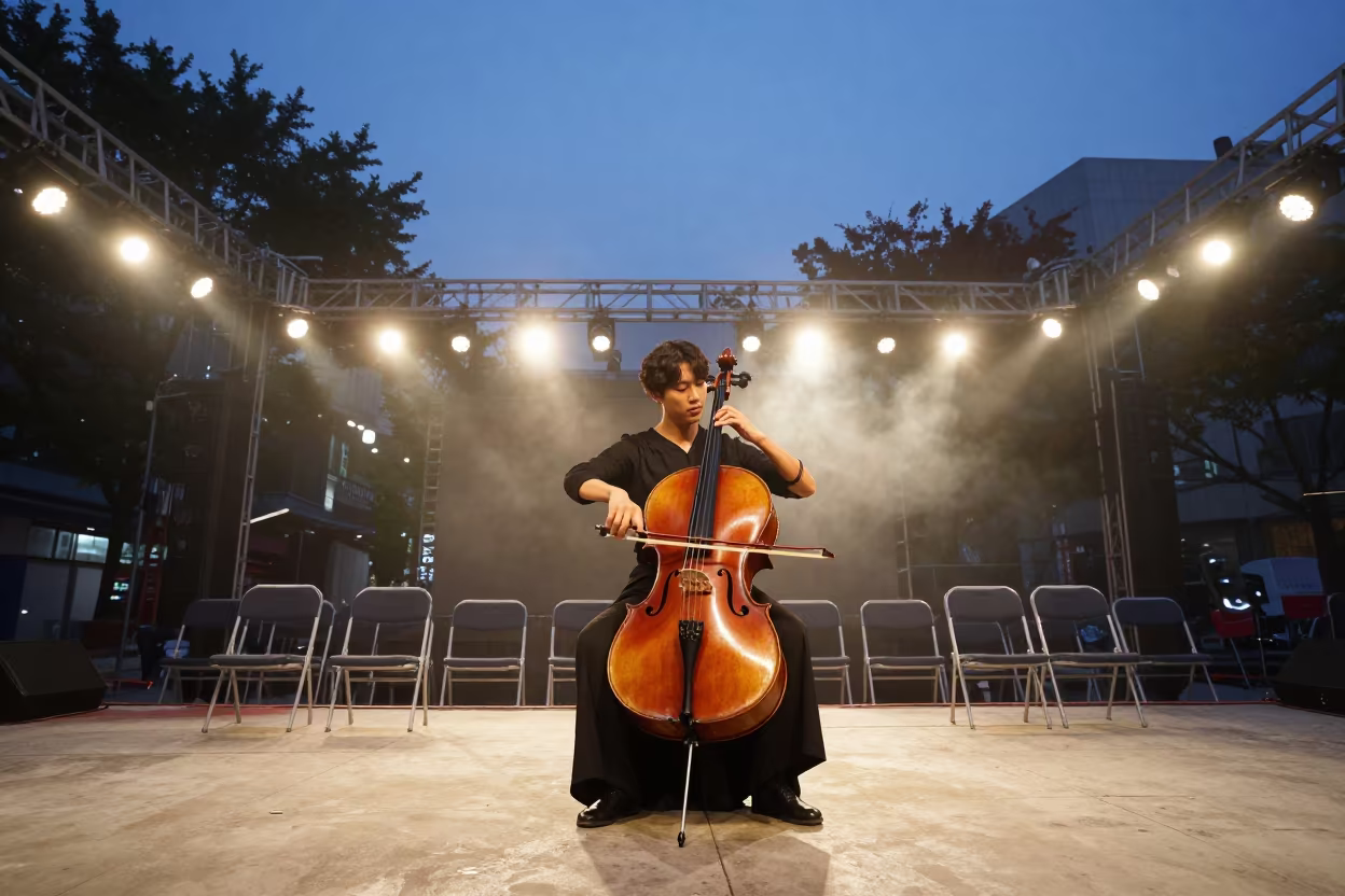 Cellist performing under warm stage light in Myeongdong in at a street corner busking spot in Myeongdong, Seoul