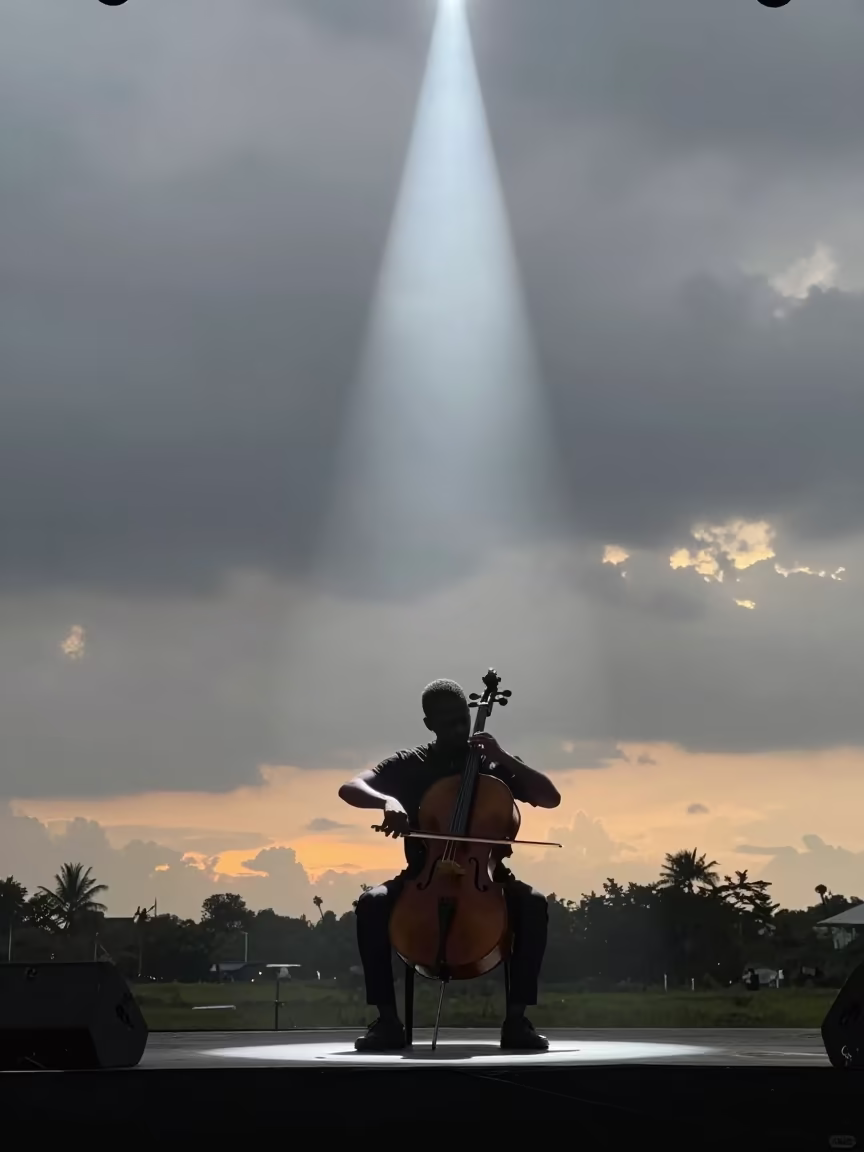 Cellist Silhouette Under Monsoon Spotlight in on a festival main stage in Lokoja