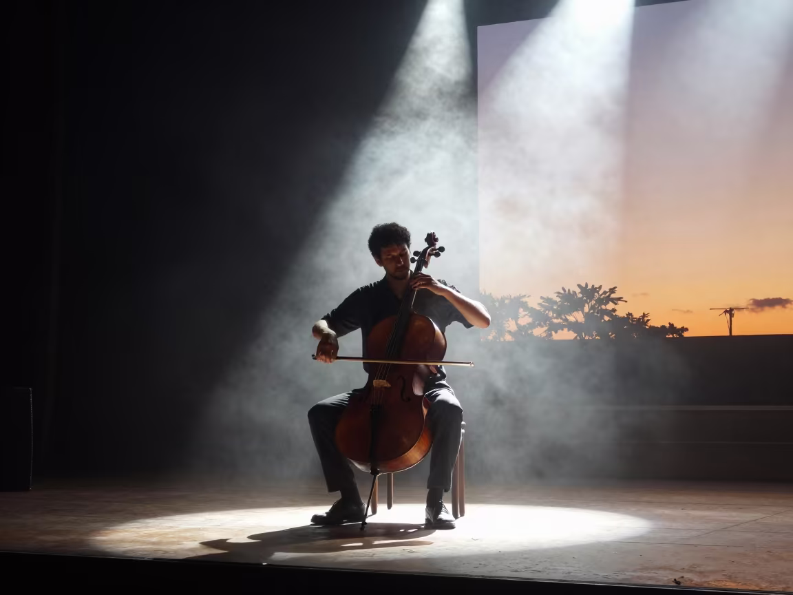 Cellist Silhouette Under Spotlight in Campo Grande in on a dimly lit stage in Campo Grande