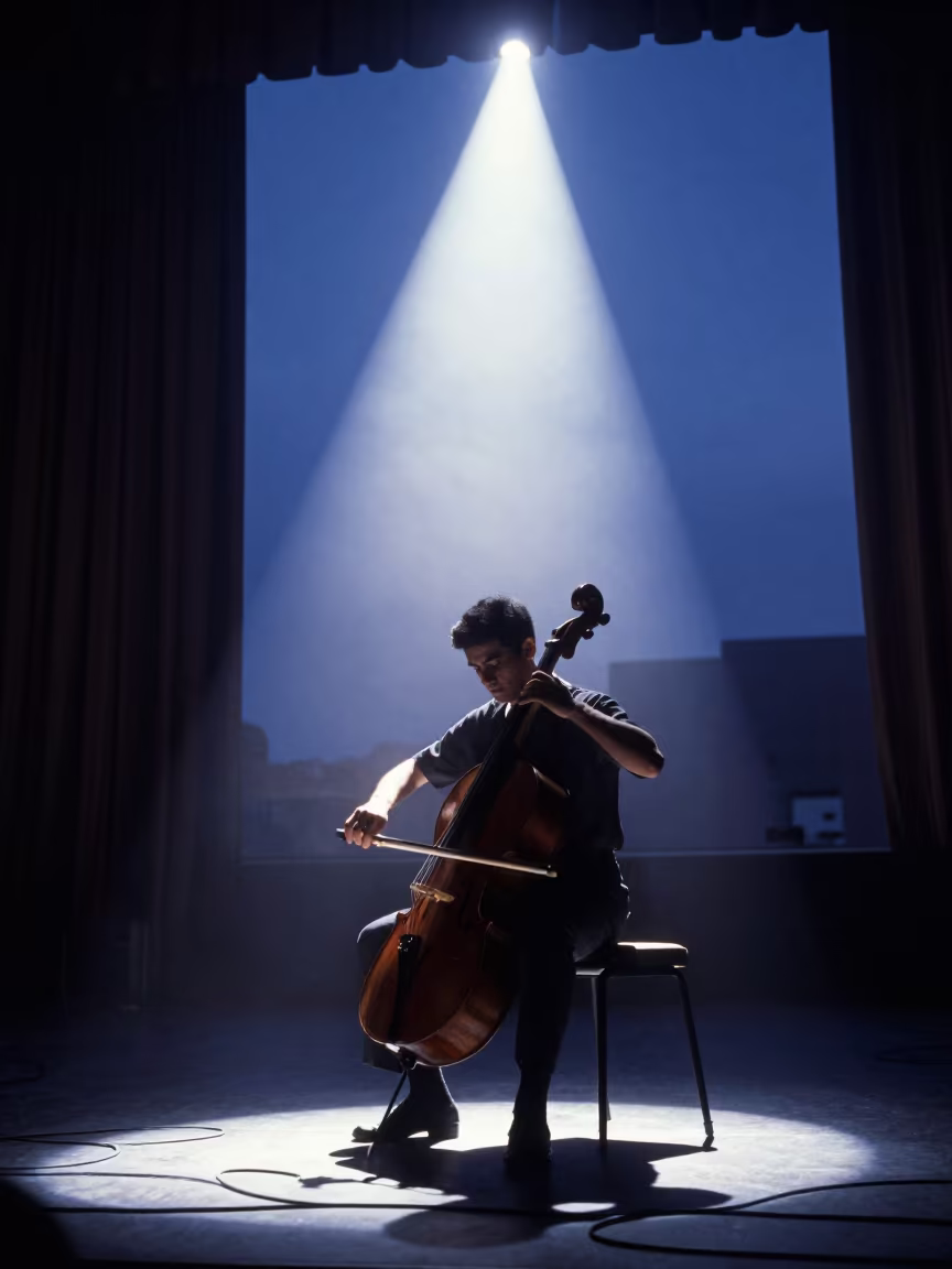 Cellist Silhouette Under Spotlight Rishon LeZion Hall in in a concert hall in Rishon LeZion