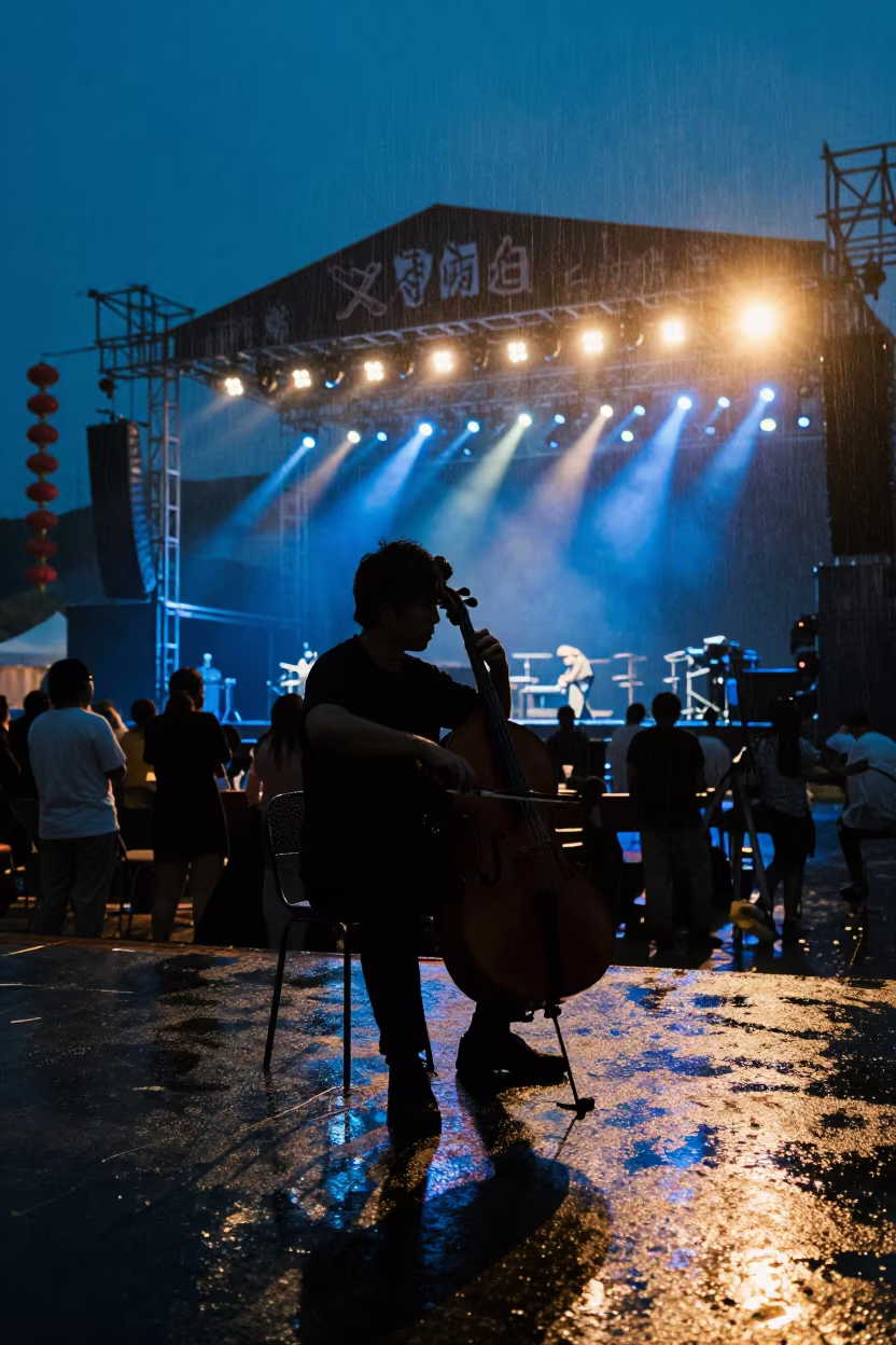 Cellist Silhouette on Wet Xiamen Festival Stage in on a festival main stage in Xiamen