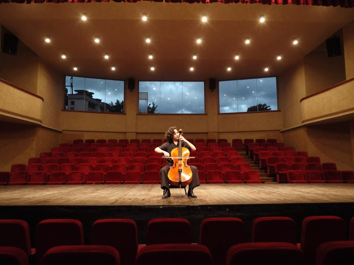 Cellist performing twilight recital hall Chongqing in on a theater stage in Chongqing