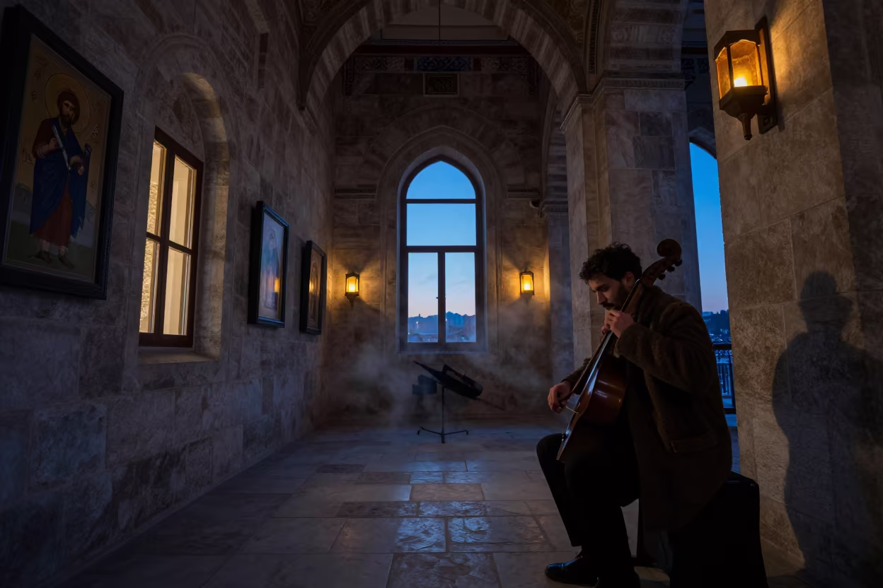 Cellist in Winter Twilight Monastery Corridor in along a monastery corridor in Ankara