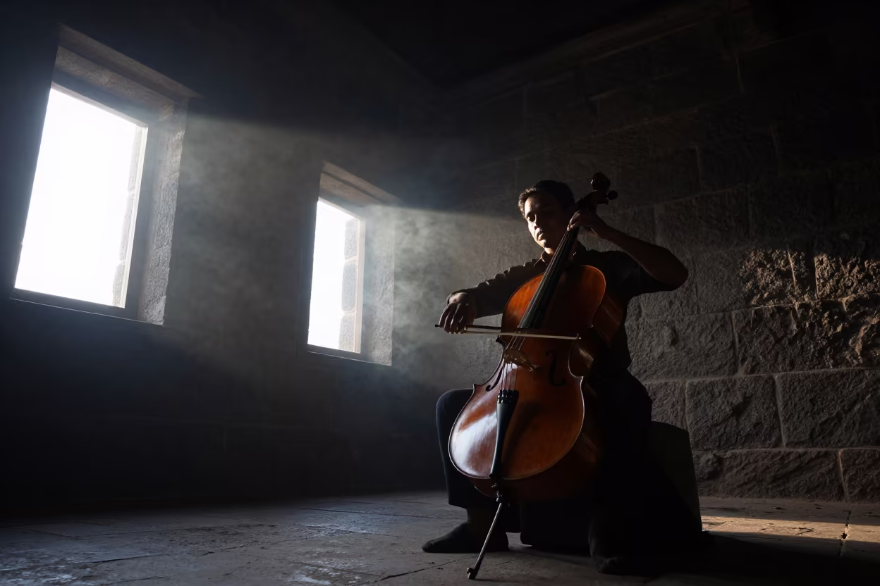 Cellist in Yavatmal Chapel Morning Light in inside a quiet cloister passage in Yavatmal