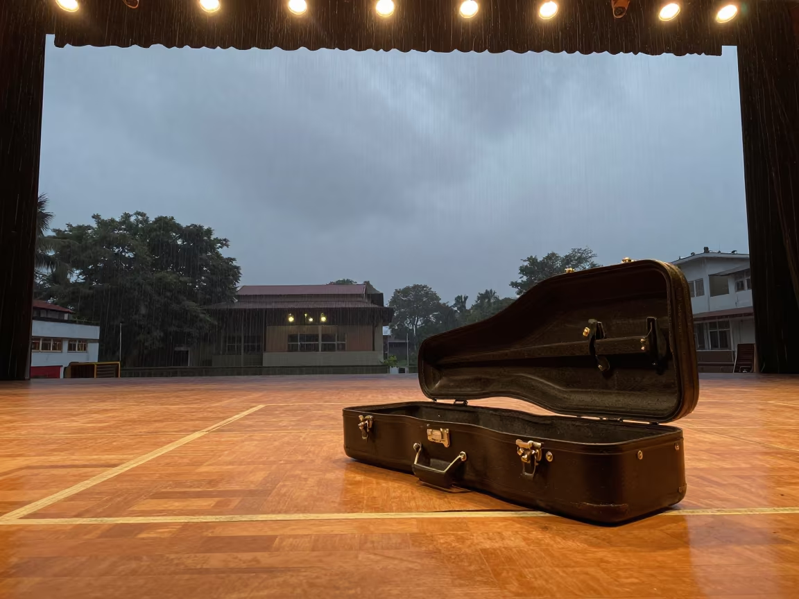 Cello Case Open on Rainy Night Stage in on a theater stage in Bhopal