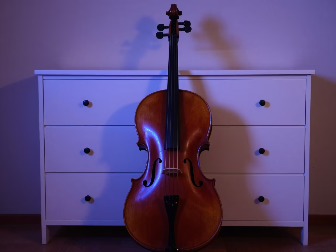 Cello Leaning Against Hotel Dresser in Hvar in on a hotel dresser in Hvar
