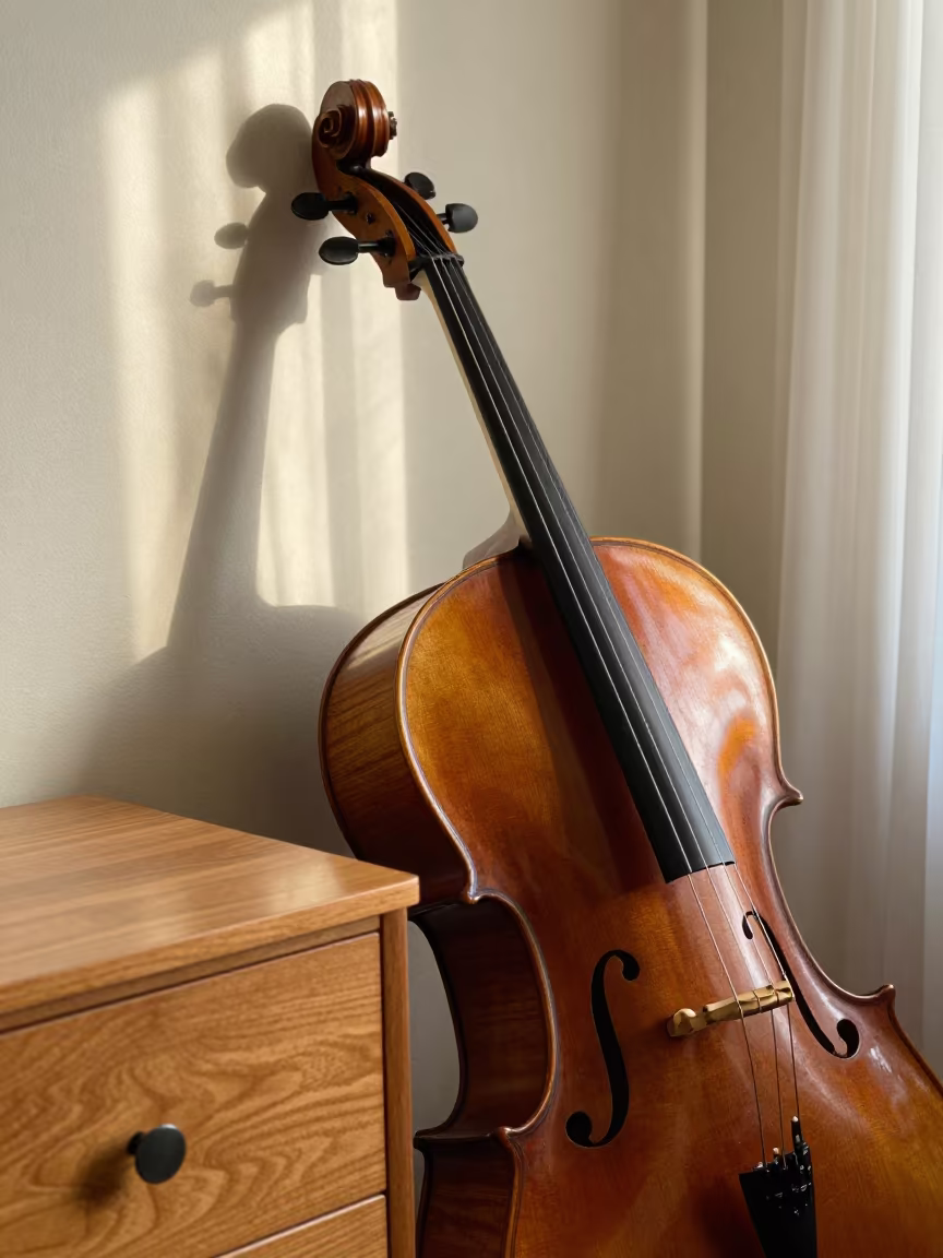 Cello on Hotel Dresser Duluth Afternoon in on a hotel dresser in Duluth