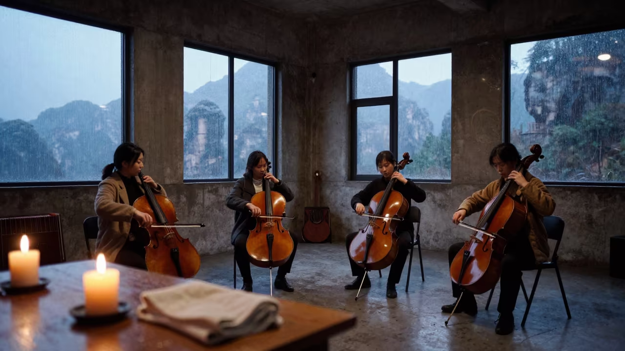 Cello Quartet Bowing in Moonlit Rehearsal Room in in a rehearsal room in Zhangjiajie