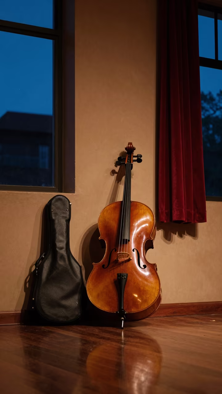 Cello Resting on Pretoria Stage at Blue Hour in on a theater stage in Pretoria