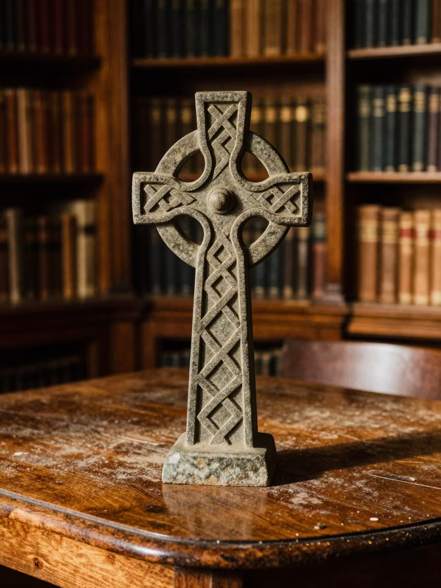 Celtic Cross on Nazareth Library Table in on a dusty library table in Nazareth