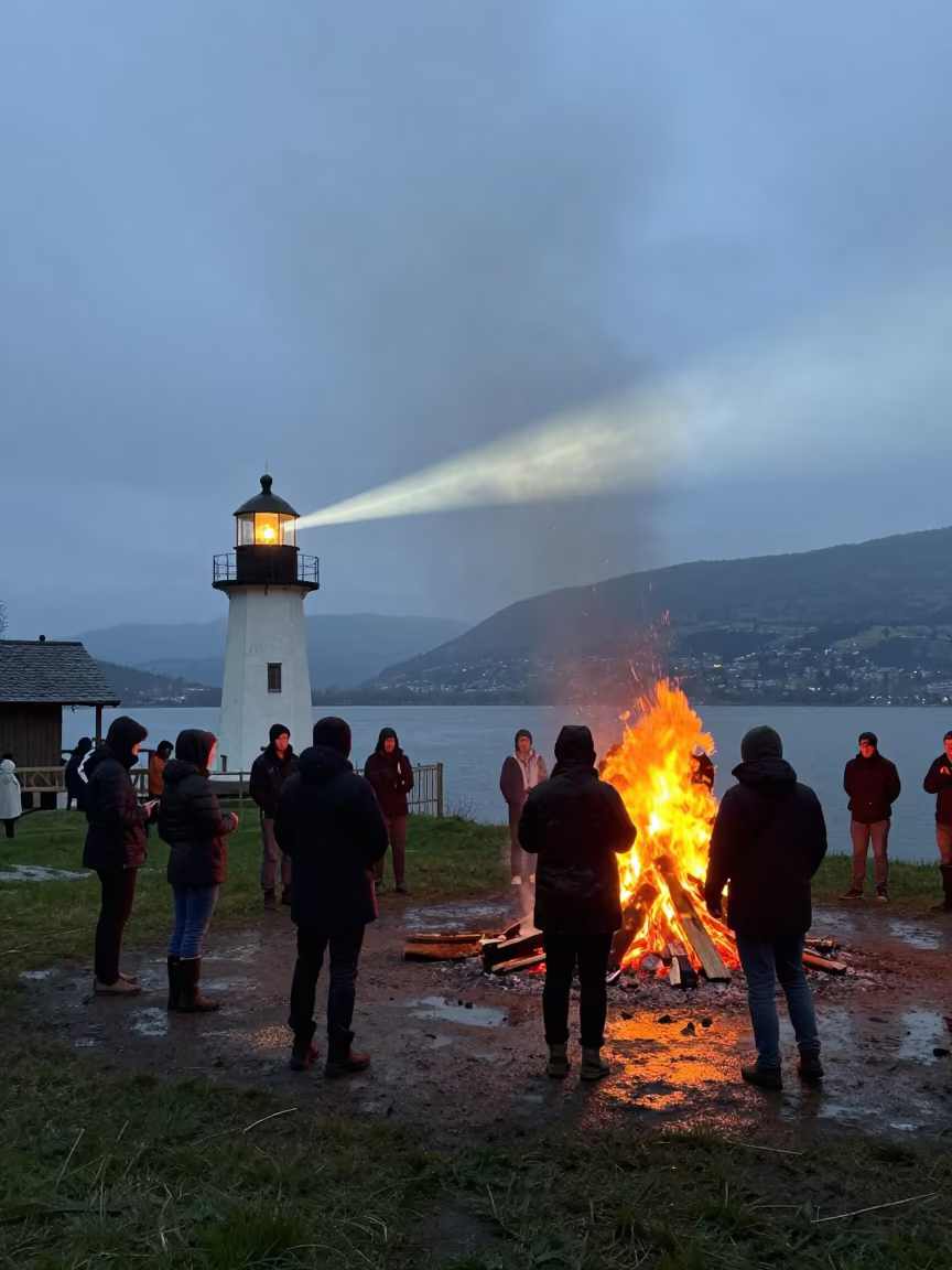 Celtic Midsummer Bonfire on Hilltop Before Dawn in at a waterfront celebration near Kelowna