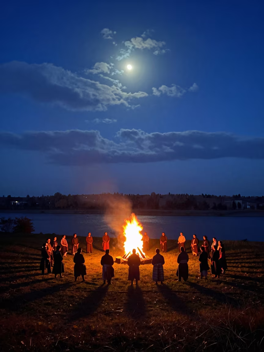 Celtic Midsummer Bonfire Under Moonlit Cairo Sky in at a waterfront celebration near Cairo