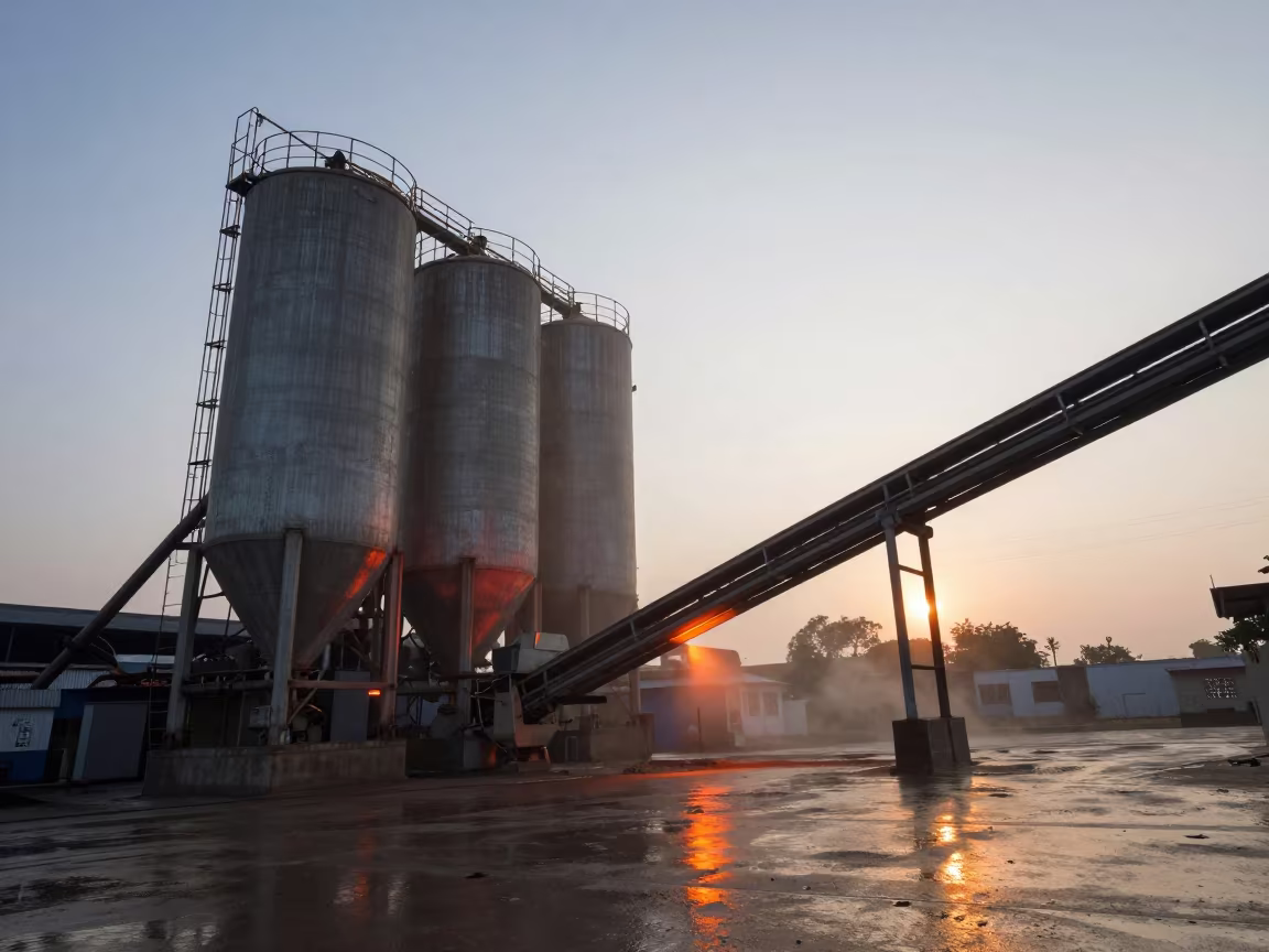 Cement Factory Silos in Monsoon Horizon Light in in a turbine hall near Rajkot