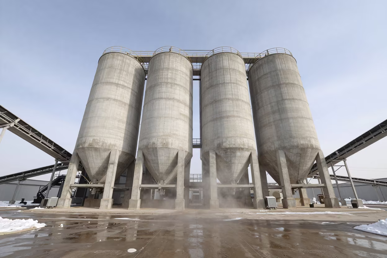 Cement Factory Silos Winter Dust Midday in on a scaffold platform near Kerman