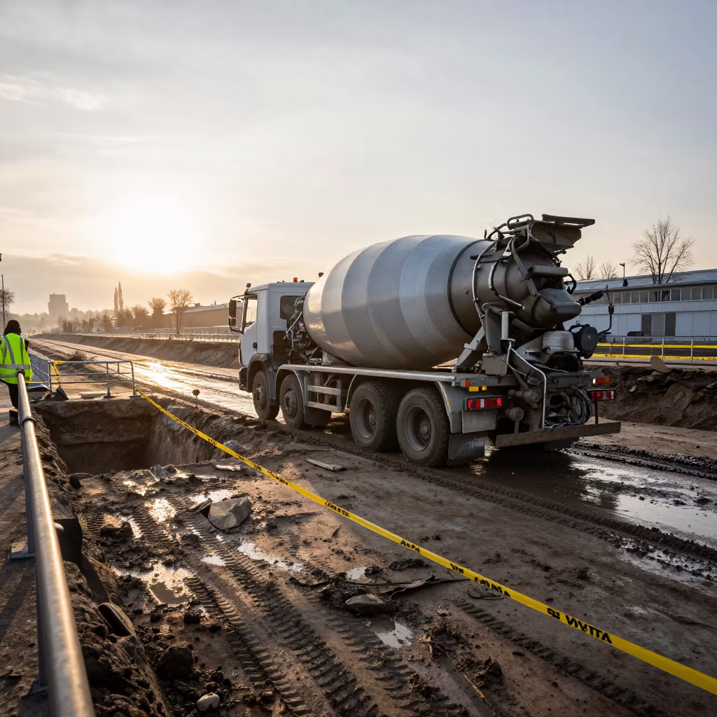 Cement Mixer at Moscow Construction Dawn in inside a taped-off excavation edge near Moscow
