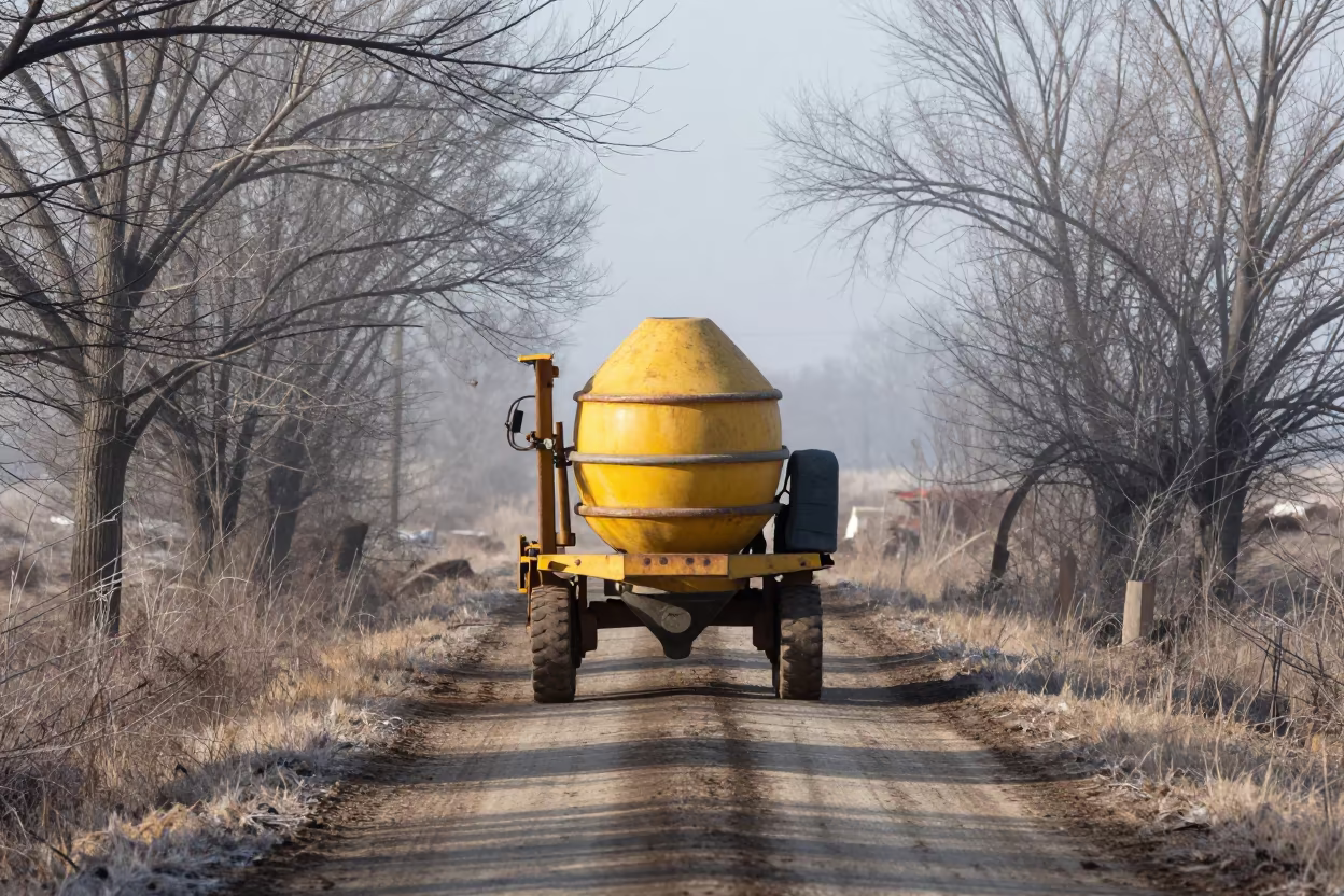 Cement Mixer on Muddy North Dakota Road in at a muddy site access road in North Dakota