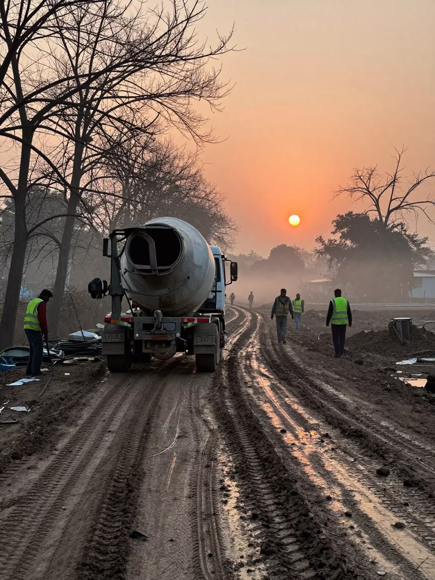Cement Mixer on Muddy Road in Winter in at a muddy site access road near Moradabad
