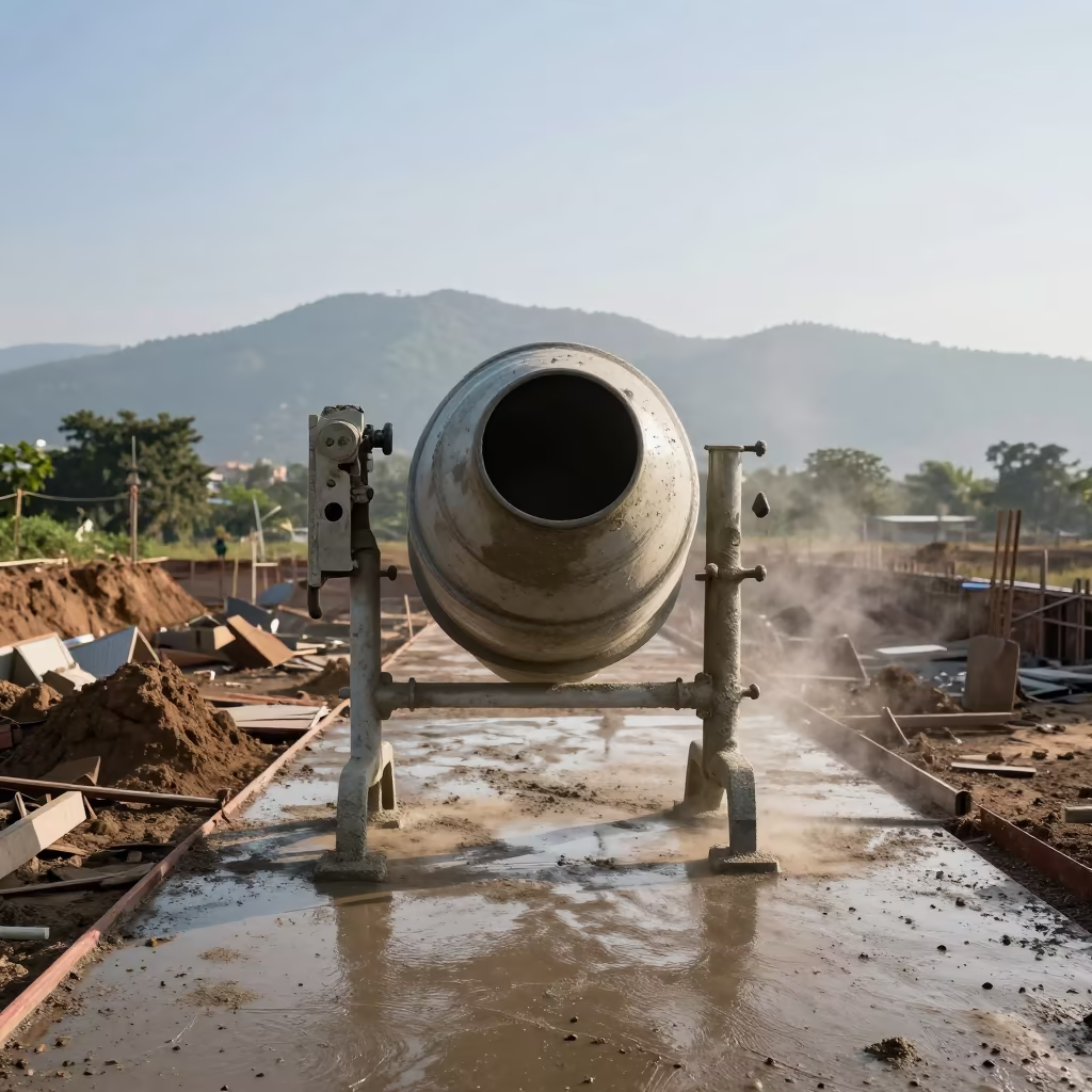 Cement Mixer on Wet Construction Site in on an active construction deck in Surat