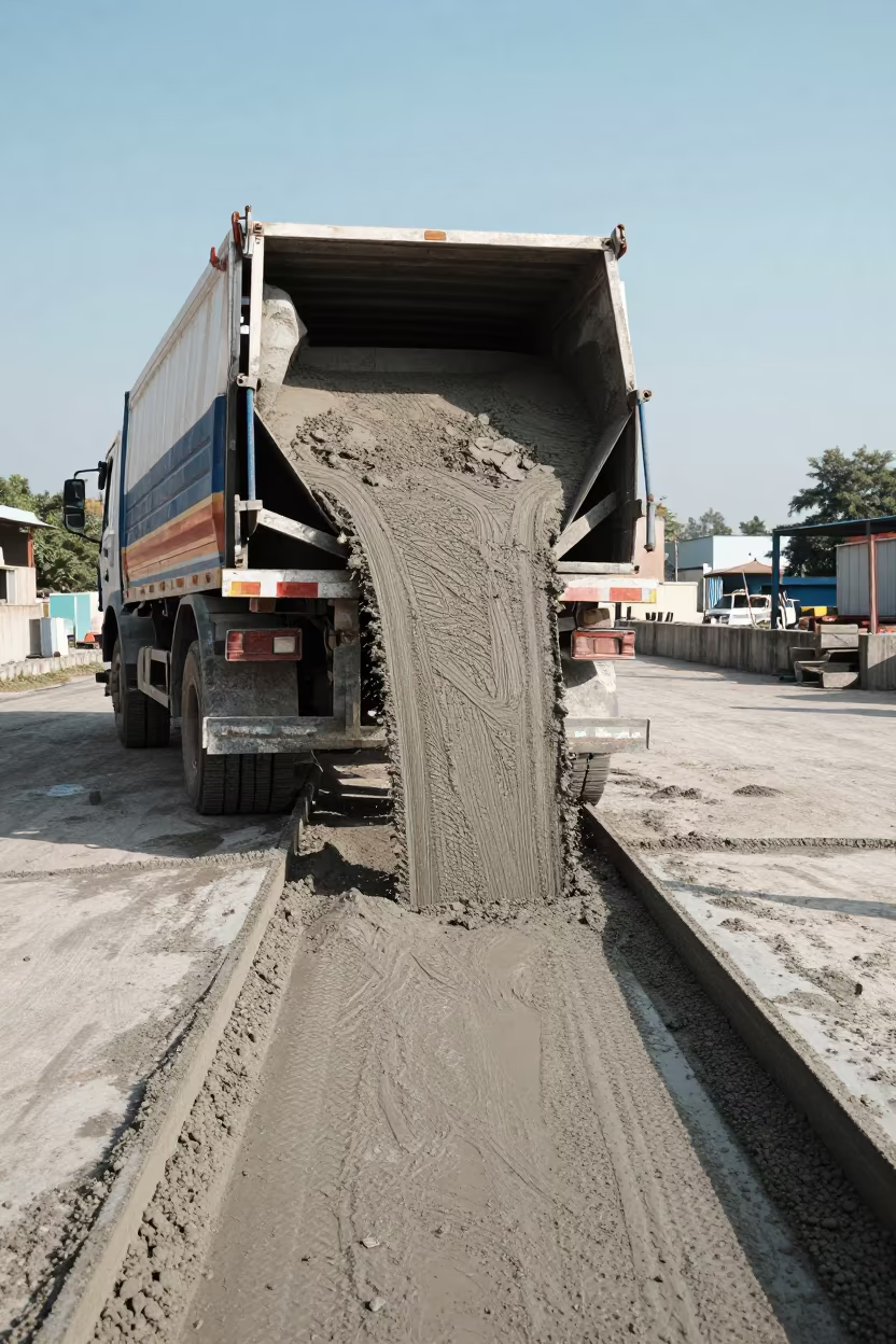 Cement Truck Pouring Concrete Forms Dhanmondi Factory in on a factory floor near Dhanmondi, Dhaka