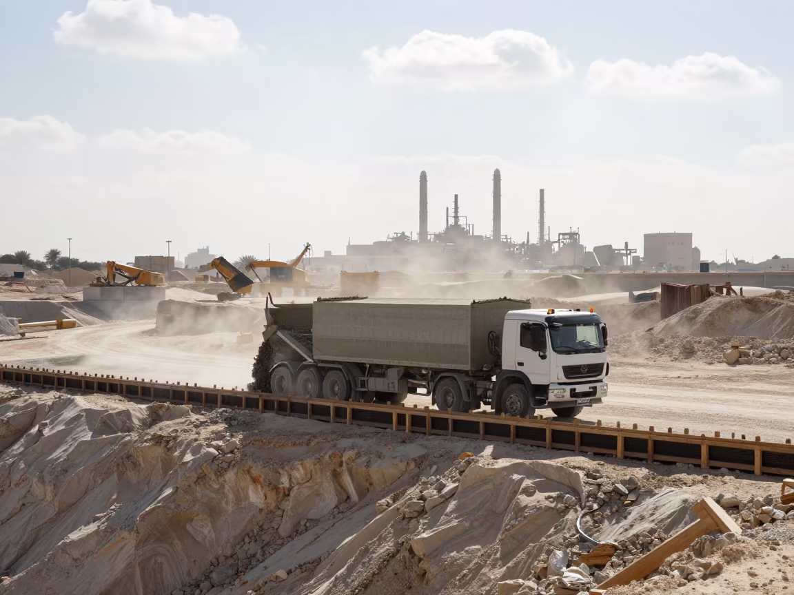 Cement Truck Pouring on Dubai Quarry Ledge in on a quarry ledge near Dubai