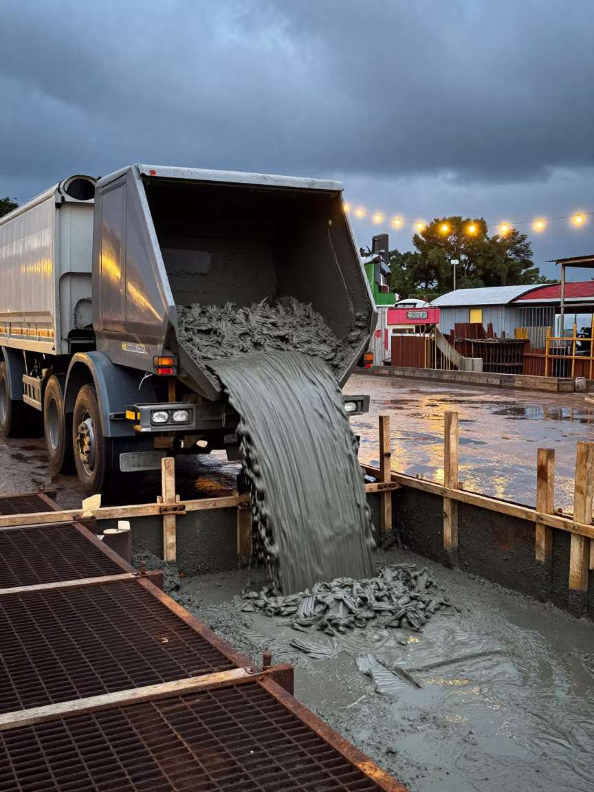 Cement Truck Pouring Forms on Scaffold Conakry in on a scaffold platform near Conakry