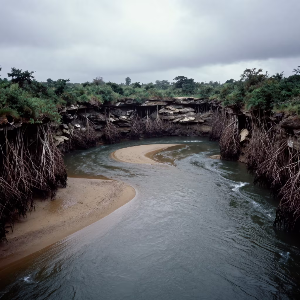 Cenote Sinkhole Over Braided River Channels in high above braided river channels near Phrae