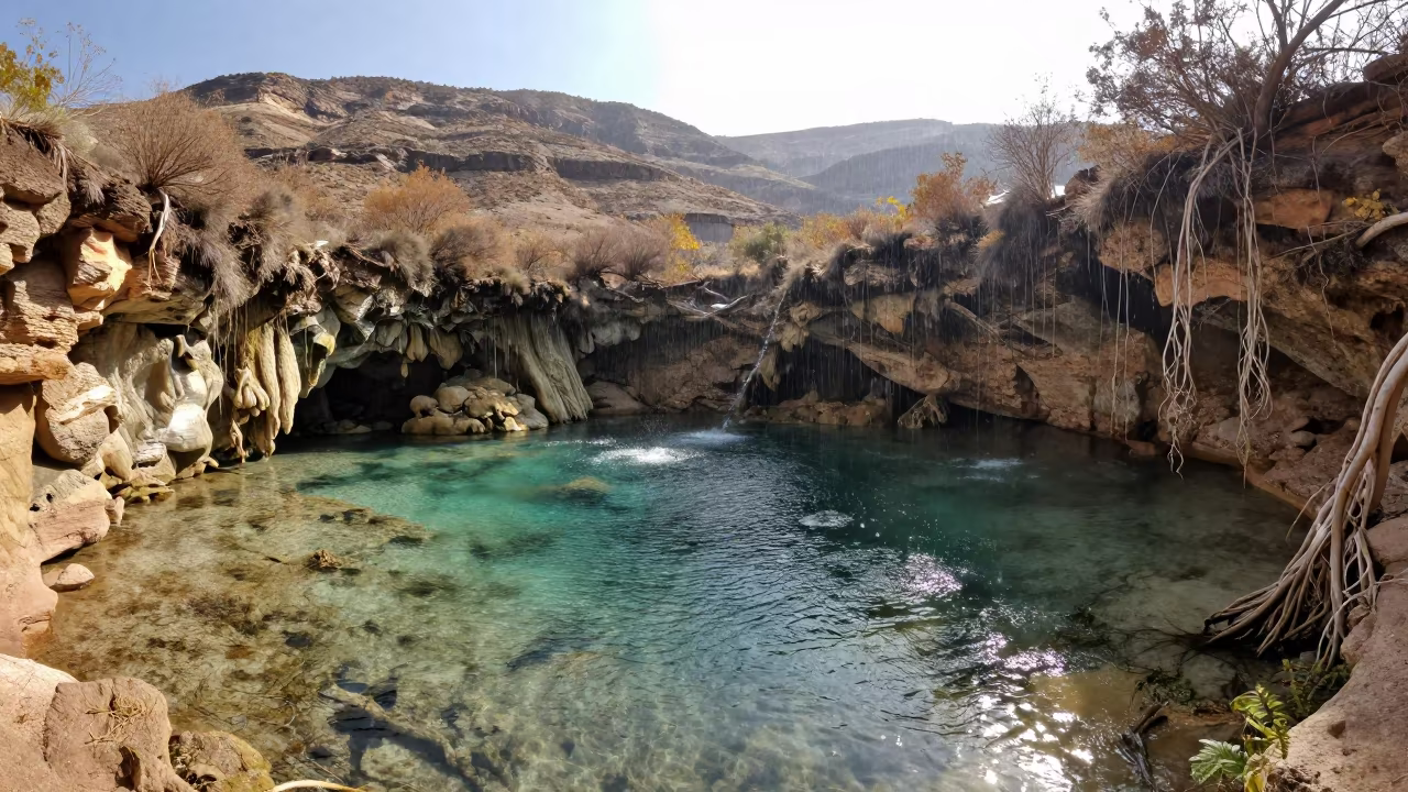 Cenote Water and Roots in Late Autumn Foothills in from a ridge above layered foothills near Touggourt