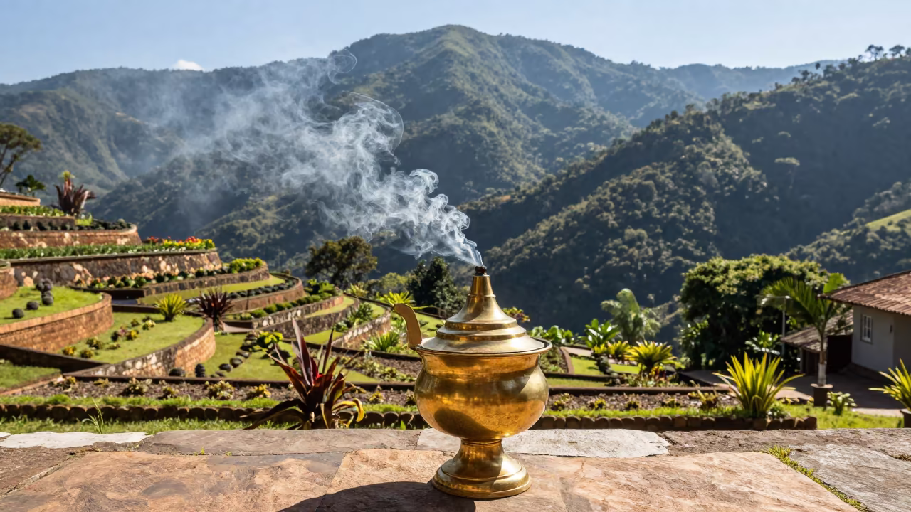 Censer Swings Amid Terraced Brazilian Garden Plots in among terraced garden plots in Brazil