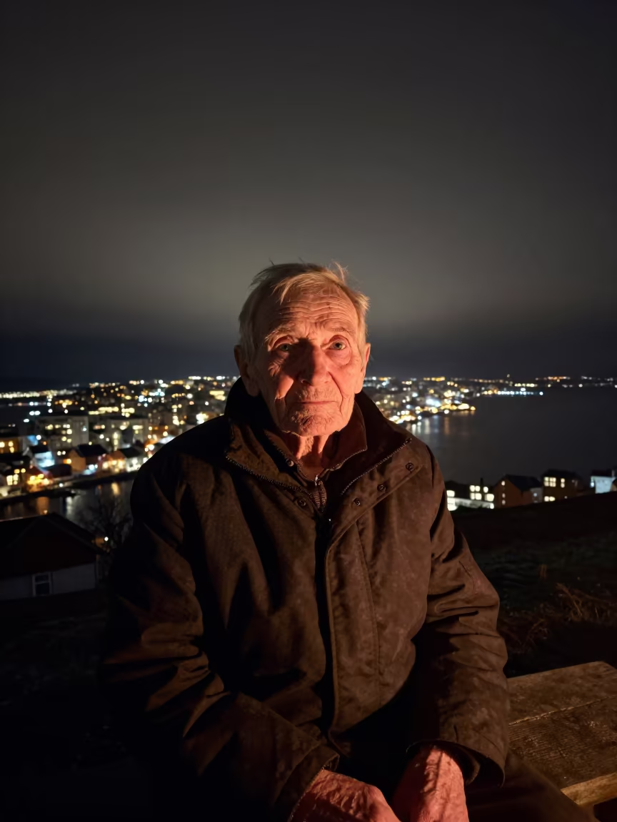 Centenarian Portrait in Sandvika Night Firelight in in Sandvika