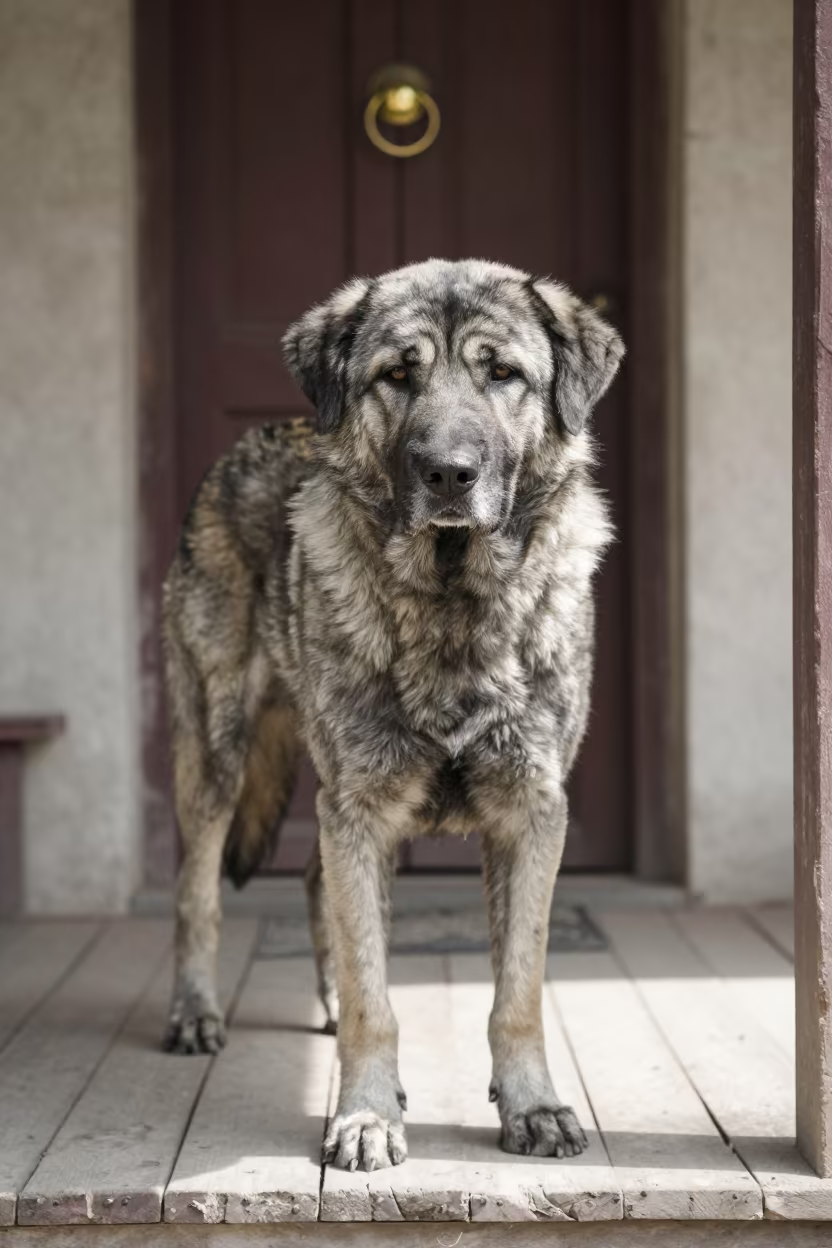 Central Asian Shepherd Dog on Lahore Porch in on a shaded front porch with boards, railings, and eye-level framing in Lahore