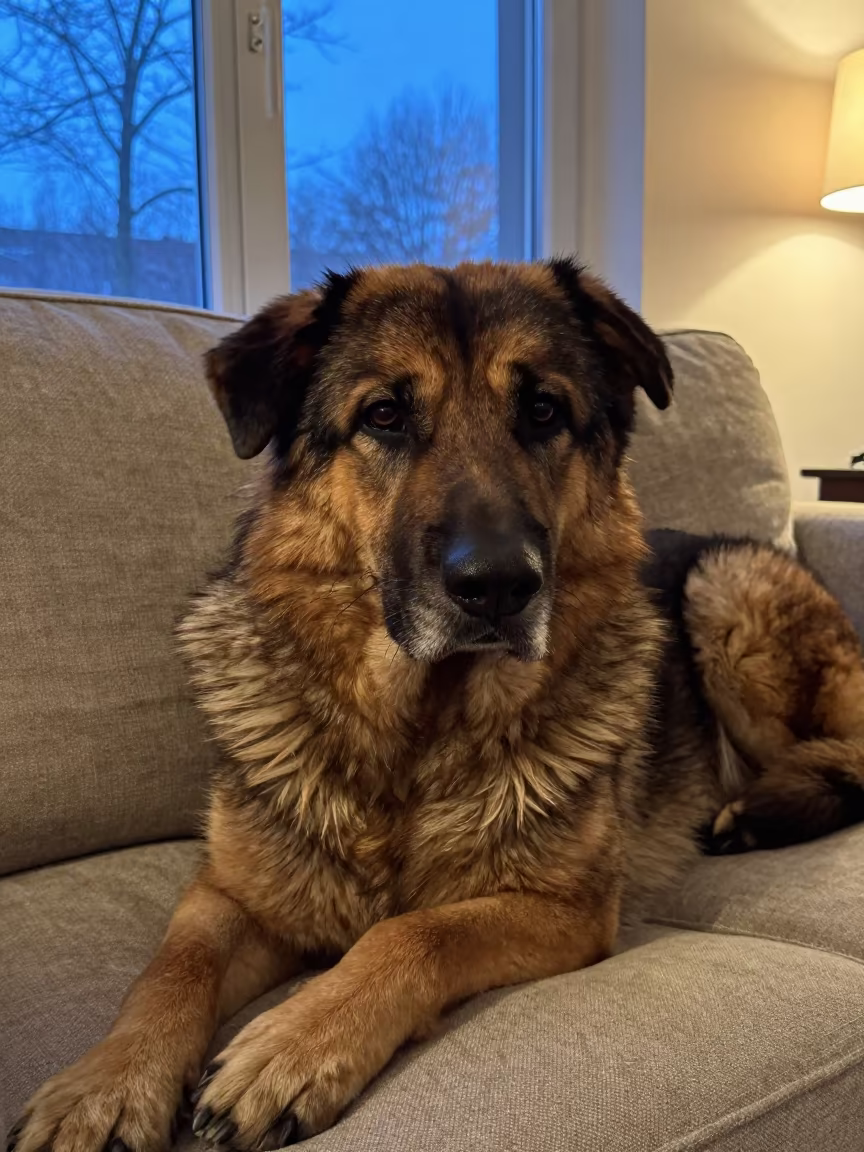 Central Asian Shepherd Dog on Linen Sofa in Twilight in on a linen sofa with daylight from a nearby window near Aarhus