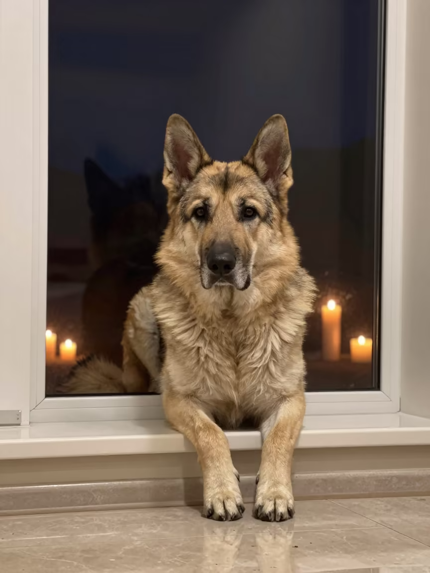 Central Asian Shepherd Dog on Window Seat in on a window seat in a quiet apartment with soft side light in Nadiad