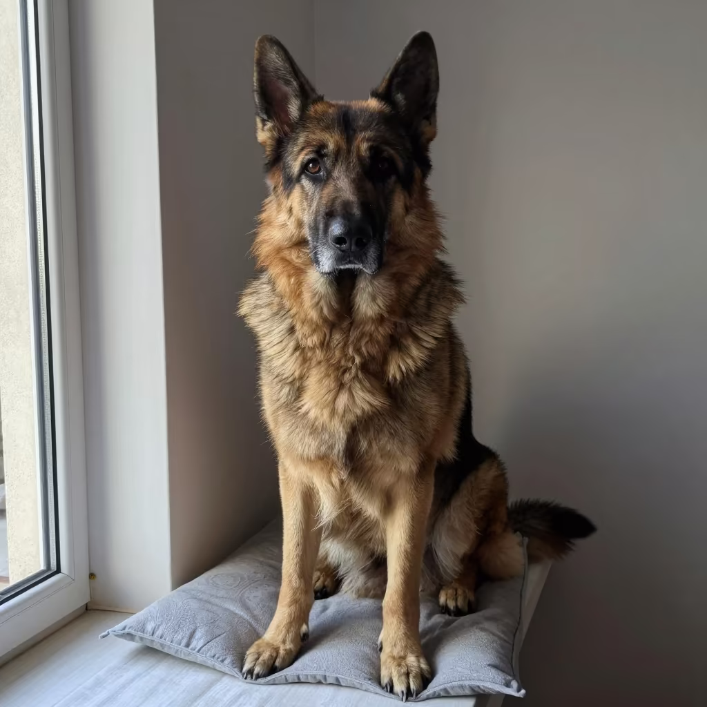 Central Asian Shepherd Dog Portrait at Dawn in on a cushioned window seat with soft side light and an uncluttered background near Haikou