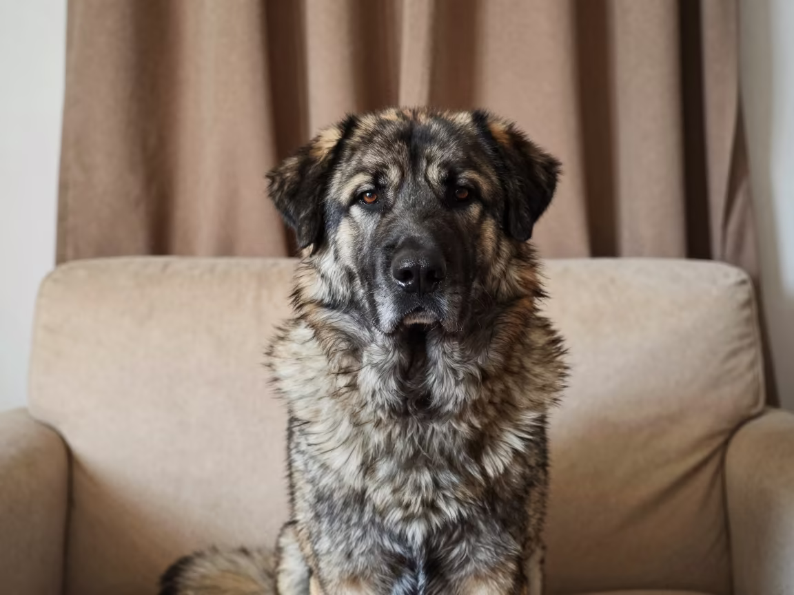 Central Asian Shepherd Dog Portrait on Sofa in on a sofa near a curtained window with calm indoor light in Kenitra