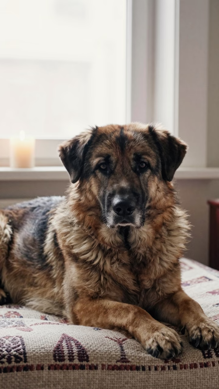 Central Asian Shepherd Dog Resting by Window in St George in on a bedspread near a bright window with calm indoor light in St George's