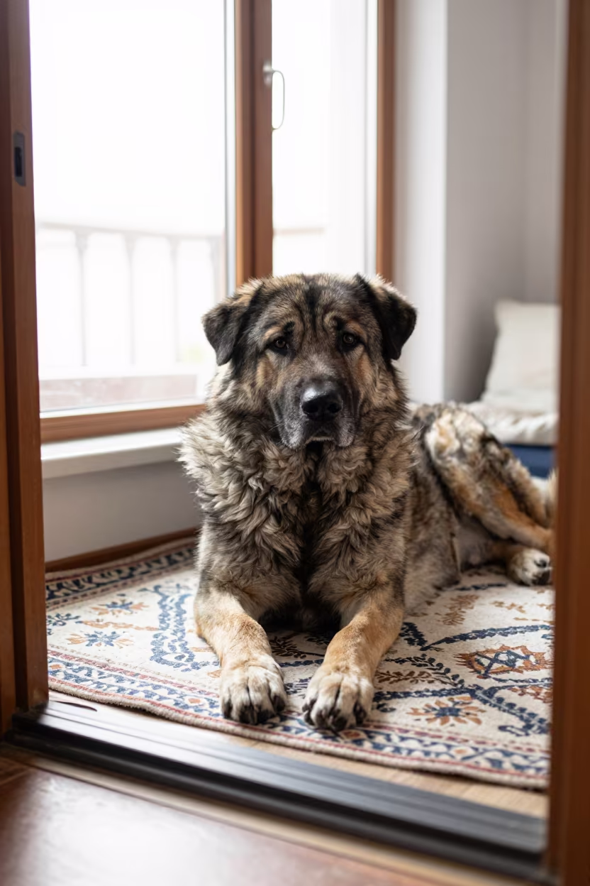 Central Asian Shepherd Dog Resting on Bedspread Near Window in on a bedspread near a bright window with calm indoor light in Hamad Town