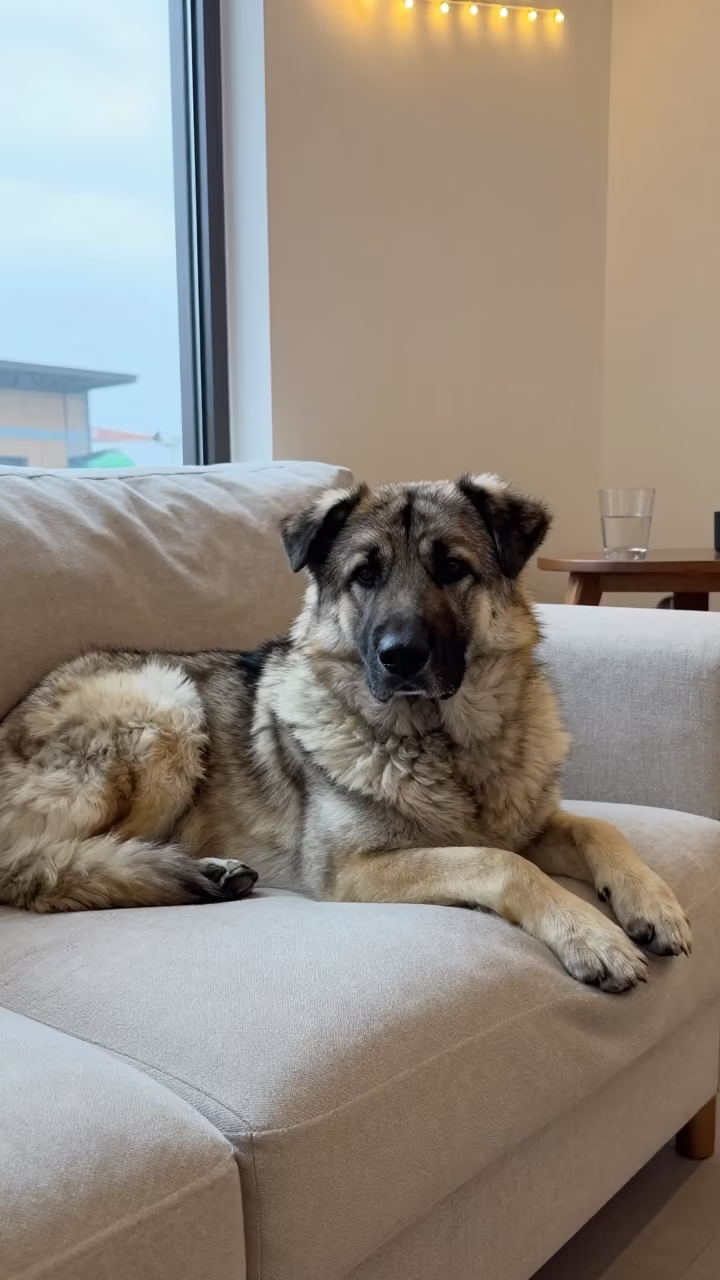 Central Asian Shepherd Dog Resting on Linen Sofa in on a linen sofa with daylight from a nearby window in Taichung