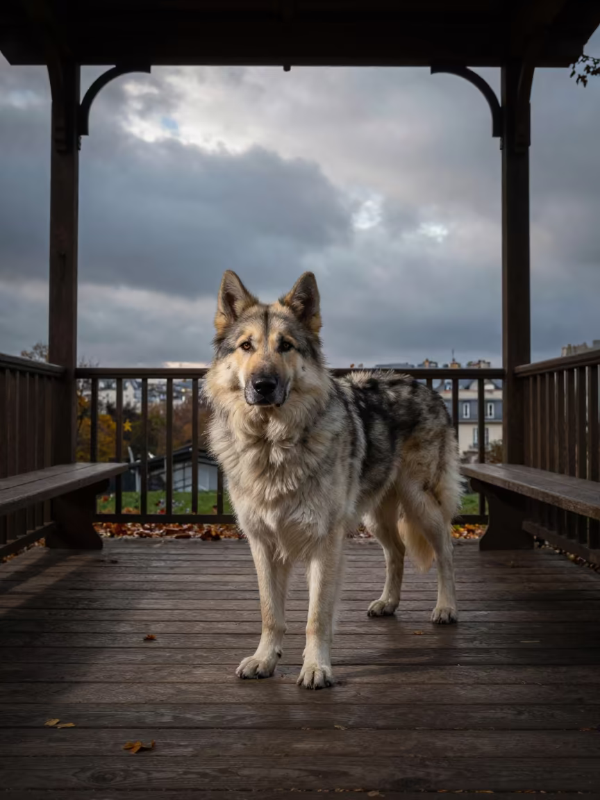 Central Asian Shepherd Dog Resting on Paris Porch in along a quiet park path with soft open shade and a clean background in Pigalle, Paris