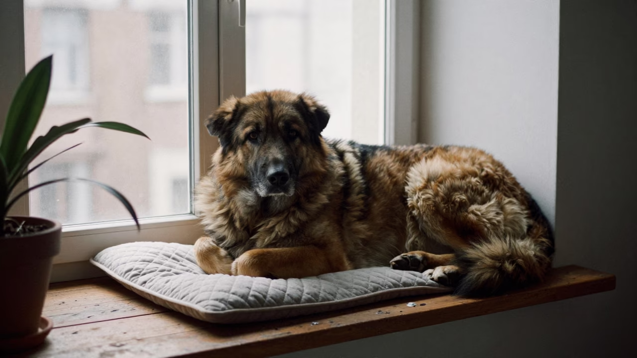 Central Asian Shepherd Dog Resting on Window Seat in on a window seat in a quiet apartment with soft side light in Shanghai