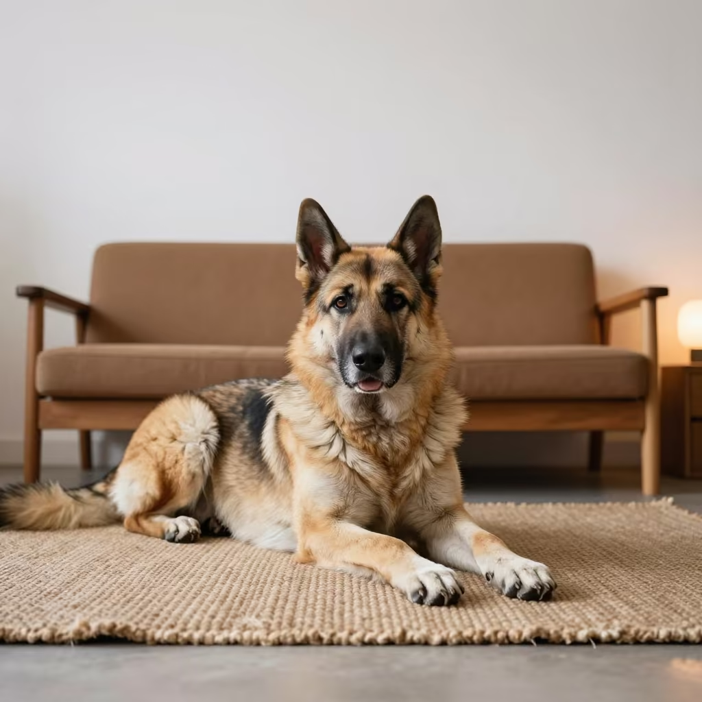 Central Asian Shepherd Dog Resting on Woven Rug in on a woven rug beside a low couch and an uncluttered wall near Wuhan
