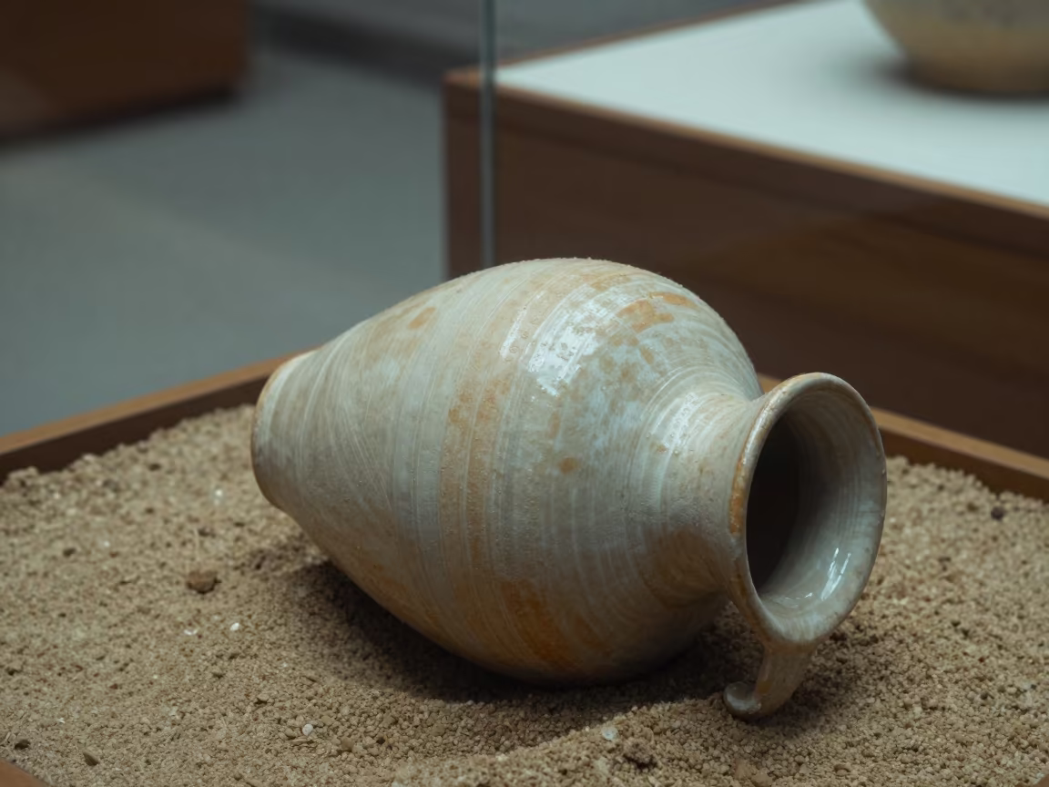 Ceramic Amphora Half Buried in Museum Plinth in on a museum plinth in Yogyakarta