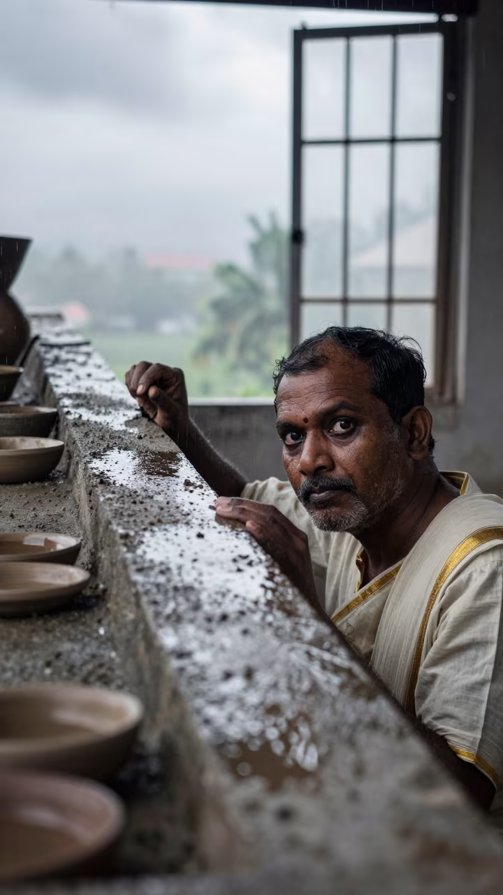 Ceramic Artist Kanchipuram Rainy Surreal Portrait in in Kanchipuram