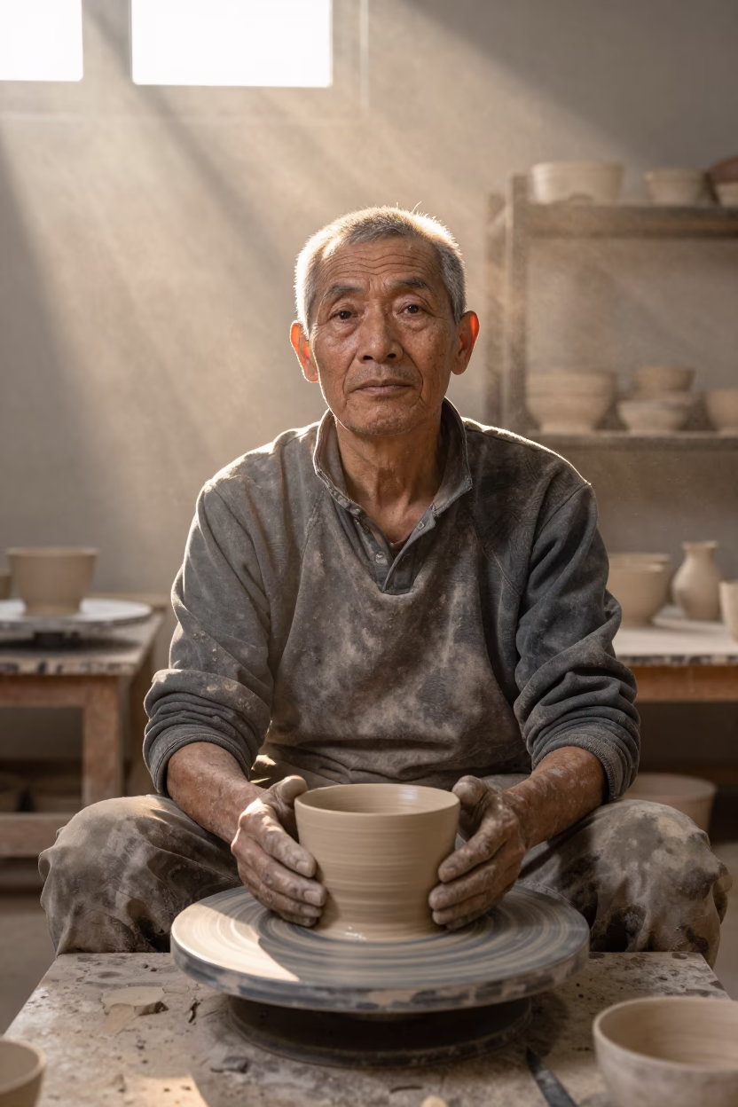 Ceramic Artist in Misty Changsha Workshop in near Changsha