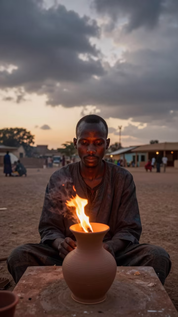 Ceramic Artist Portrait Sunset Ouahigouya in at a public square in Ouahigouya
