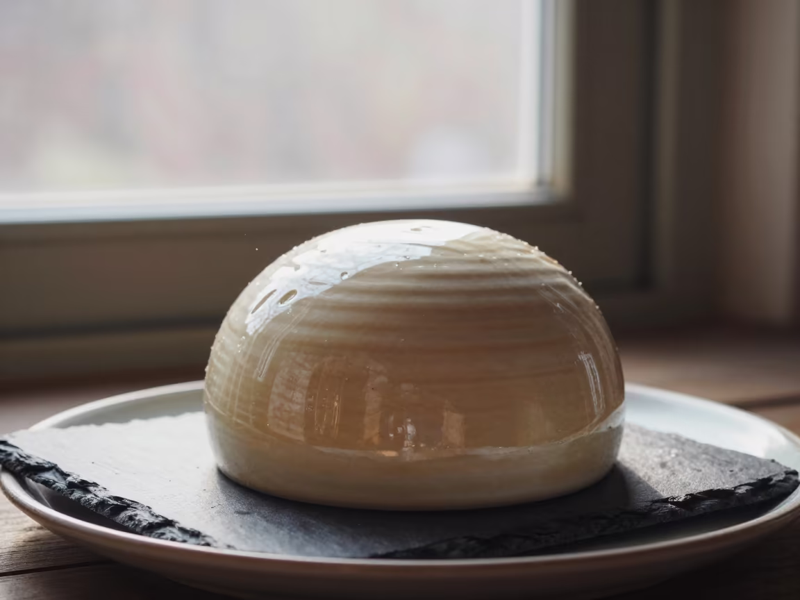 Ceramic Beehive Cheese Dome on Slate by Window in on a ceramic plate by a window in Taoyuan County