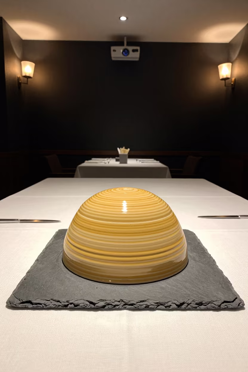 Ceramic Beehive Cheese Dome on Slate in on a linen-covered restaurant table in Balıkesir